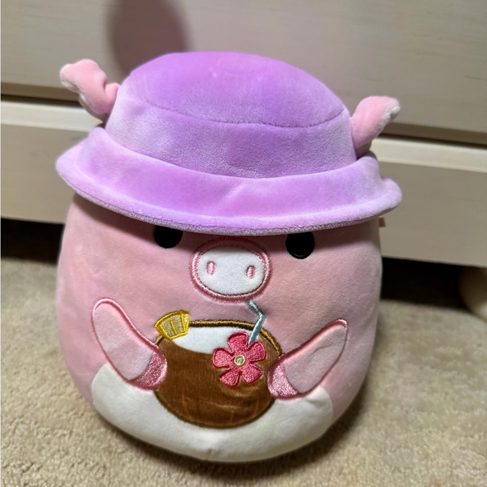Squishmallows Peter the Pink Pig w/ Bucket Hat Coconut Drink  8 inches